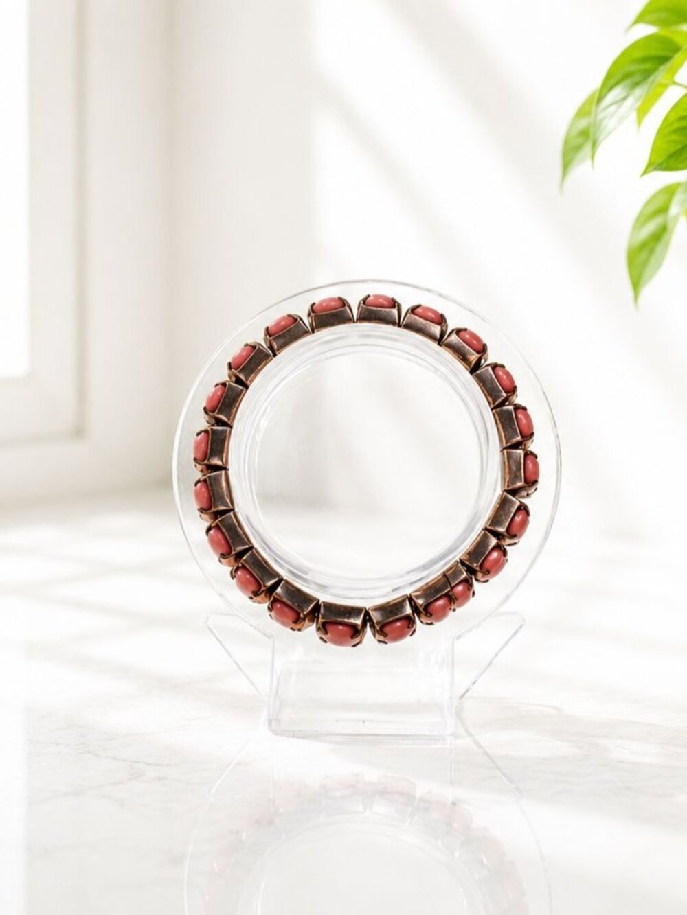 Vintage Bronze Stretch Bracelet With Pink Gemstones Retro Jewelry Accessory Eleg